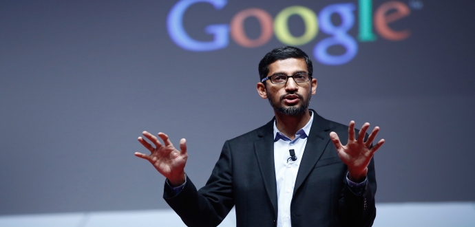 Sundar Pichai, senior vice president of Android, Chrome and Apps at Google Inc., speaks during a keynote session at the Mobile World Congress in Barcelona, Spain, on Monday, March 2, 2015. The event, which generates several hundred million euros in revenue for the city of Barcelona each year, also means the world for a week turns its attention back to Europe for the latest in technology, despite a lagging ecosystem. Photographer: Simon Dawson/Bloomberg *** Local Caption *** Sundar Pichai
